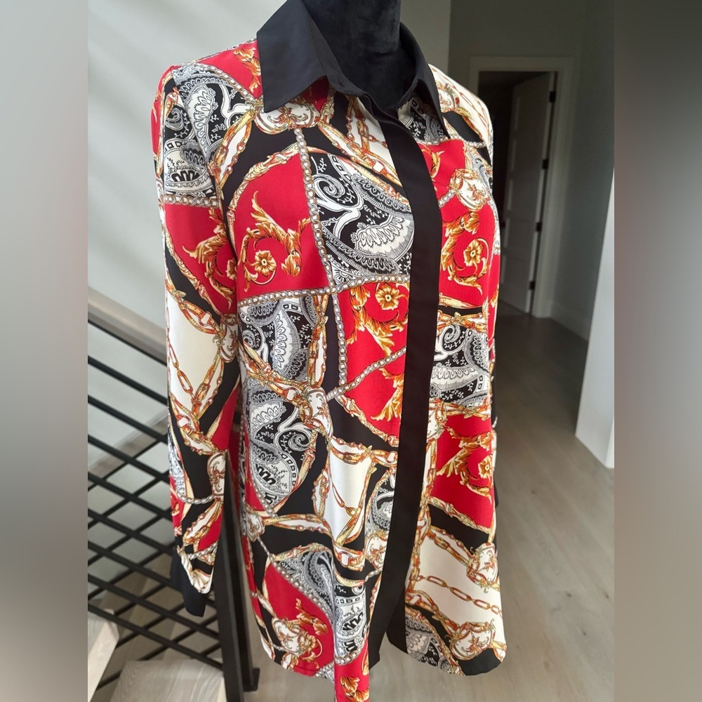 New Vibrant Red and Black Paisley Print Blouse size S - Picture 2 of 5